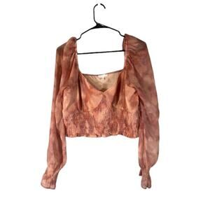 Abound Women Pink Tan Tie Dye Cropped Peasant Top Accordion Neck Long Sleeve LG